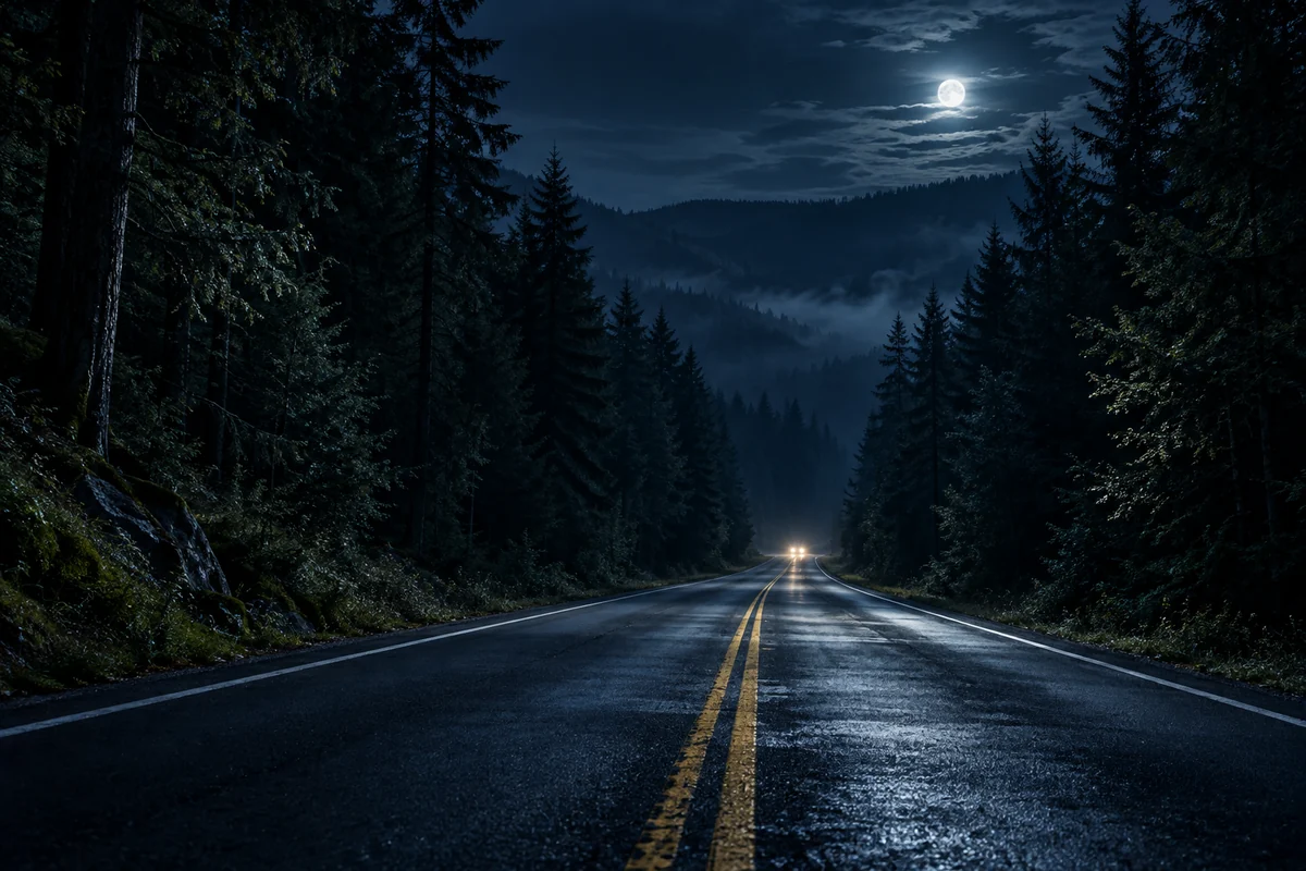 A deserted forest road at night with distant vehicle headlights